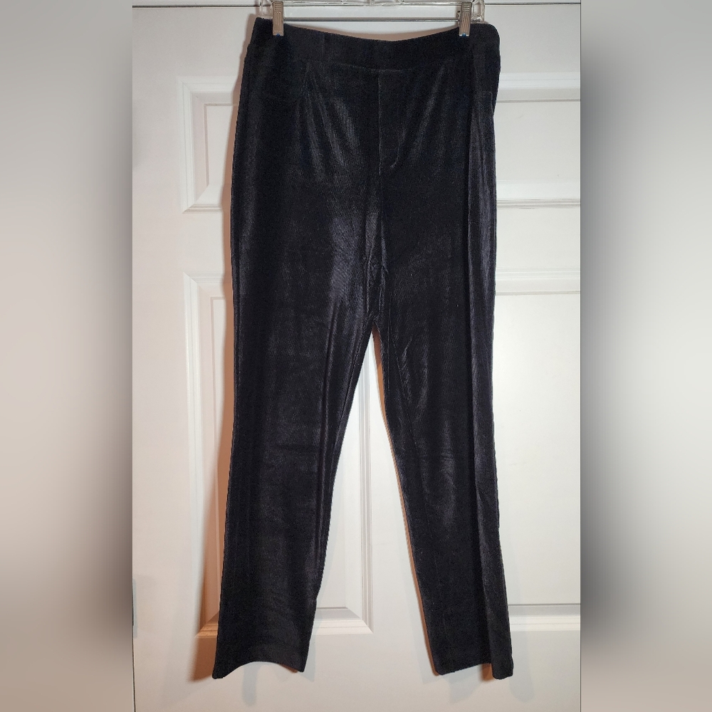 Nina Leonard Soft Black Ribbed Velour Pull On Straight Leg Pants L